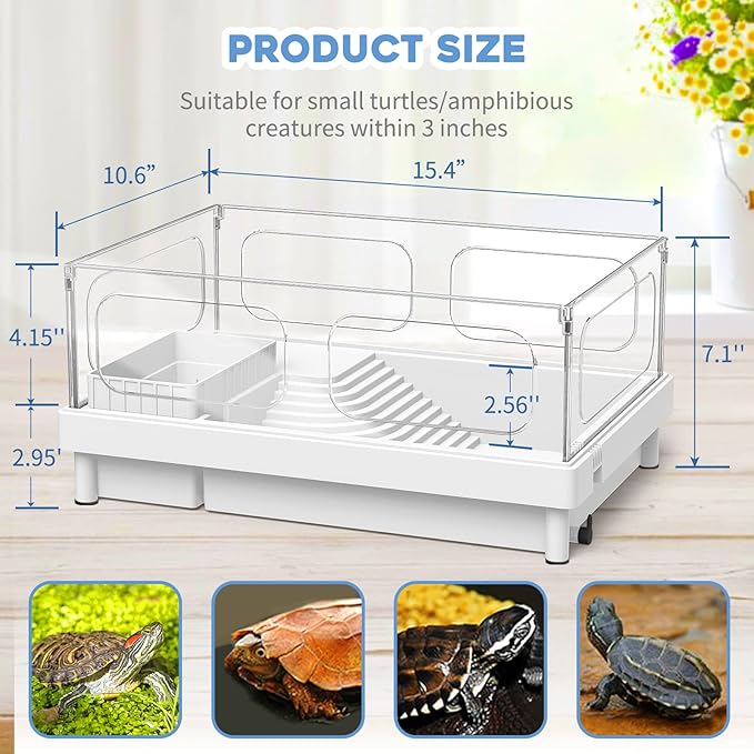 Small Turtle Tank with Filter, Turtle Aquarium, Acrylic Turtle Terrarium with Basking Platform, Bottom Drainage, Multi-Function Areas for Turtles, Crayfish, Small Reptiles (Tank+Filter)