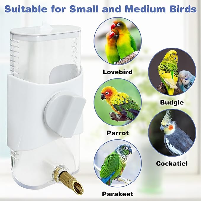 PINVNBY Bird Water Dispenser 9.47 Fl Oz Automatic Parrot Water Feeder Suspended Water Dispenser Bird Cage Accessories for Parakeet Budgie Lovebird Cockatiel Finch (White)