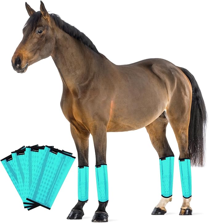 FOXLVDA Horse Fly Boots - Fly Boots for Horses Set of 4, Comfortable Horse Leggings, Mesh Material Design with Metal Support Bars for Reduces Stomping & Leg Fatigue (Green, Large)