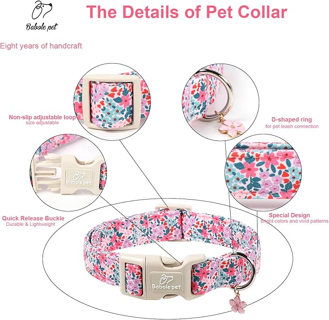 Floral Dog Collar, Cute Girl Dog Collars - Pastel Wildflowers Pattern Spring Summer Puppy Collar, Adjustable Female Dog Collars for Small Medium Large Dogs XL