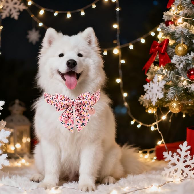 Christmas Dog Collar with Bow Tie, Pink Christmas Tree Collars for Dogs, Adjustable Pet Collar with Cute Xmas Tree Pendant, Winter Dog Accessories for Small Medium Large Dogs XL