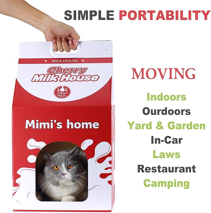 Cardboard Cat House with Scratcher - Red Cherry Carton Milk Box -13''L x 13''W x 22.5''H for Cats up to 16 Lbs - Portable Handle for Easy Transportation - Indoor Cat Playhouse & Hideaway