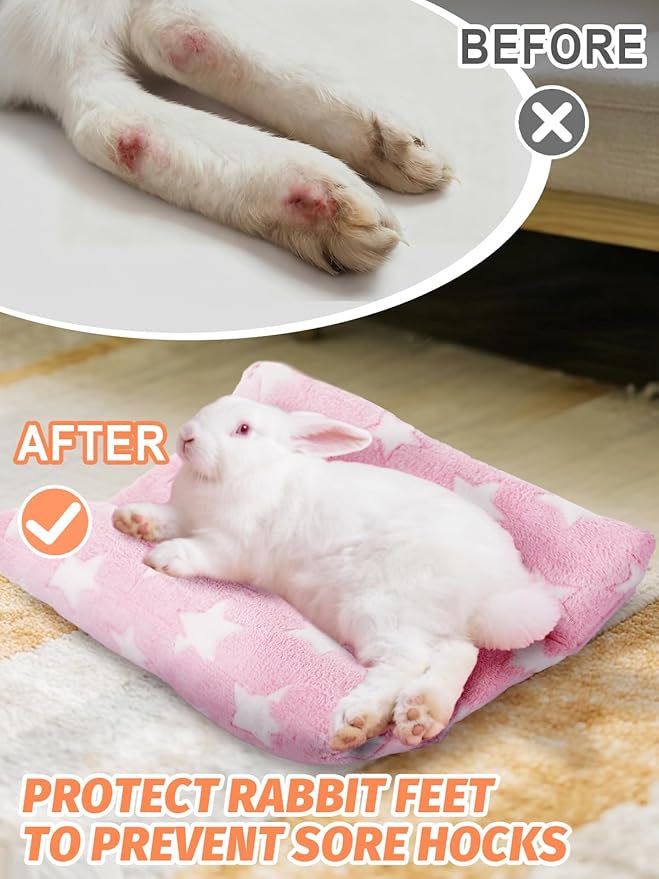 Soft Bunny Bed - 15.7" x 14" Rabbit Bed, Warm Cuddle Cushion Plush Mat for Guinea Pig, Ferret, Small Animal, Pink Stars
