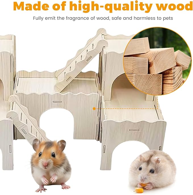 Wooden Dwarf Hamster House, Hamster Tiny House Hideout, Hamster Maze House, Large Balcony Lookout Holes, Easy to Assemble, Detachable Parts, Secure Hideaway, F