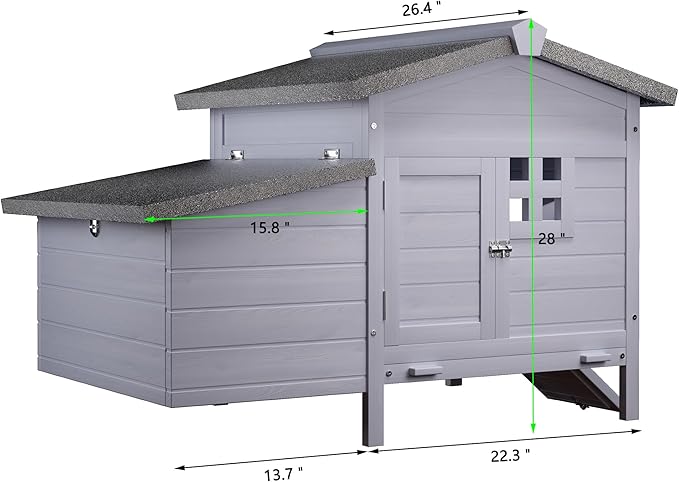 Outdoor Wooden Chicken Coop with Nesting Box – All-Weather Hen House for 3–4 Chickens, Asphalt Roof, Leak-Proof Pull-Out Tray, Predator-Proof Poultry Cage with Multiple Doors Gray