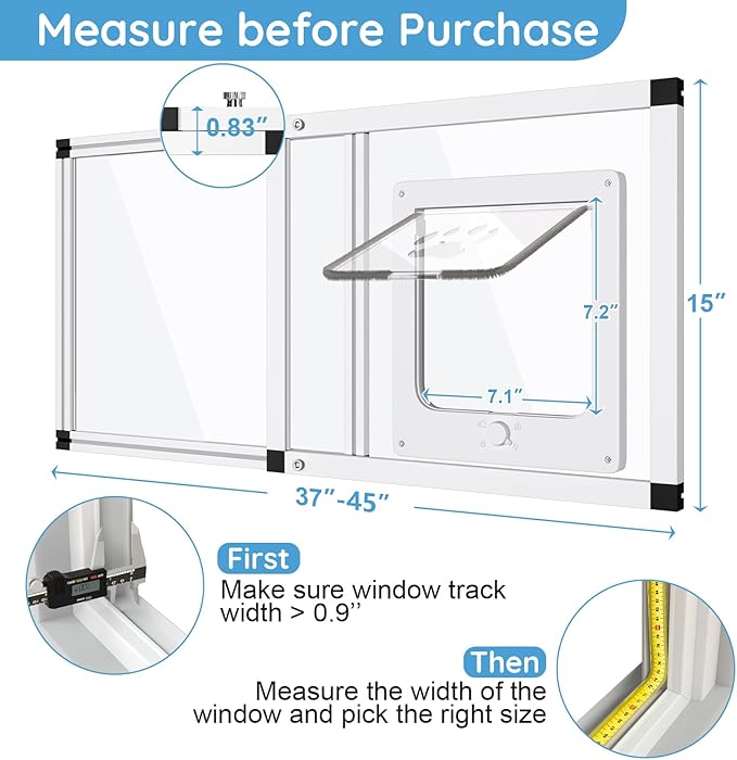 Sliding Cat Door for Window, Fits 37"-45" Width Window, 2-Min Install | Aluminum Frame + HD Glass | Weatherproof Design | Magnetic Closure Window Cat Door Insert, Adjustable Pet Door Window for Cats