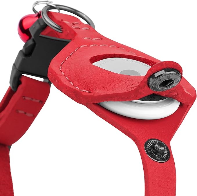 Breakaway Airtag Cat Collar with Removable Bell - Leather Soft Pet Collar with Apple Air Tag Holder - Adjustable GPS Collars for Girl Boy Cats Kitten Puppy - Lightweight, Cute and Comfortable (Red)