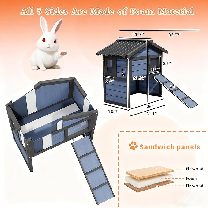 Outdoor Rabbit Hutch, Weatherproof Rabbit Cage Indoor 100% Insulated Foam Bunny Cage Small Pet House with Openable Roof,Flip Acrylic Side Door for Winter Outside (Blue)