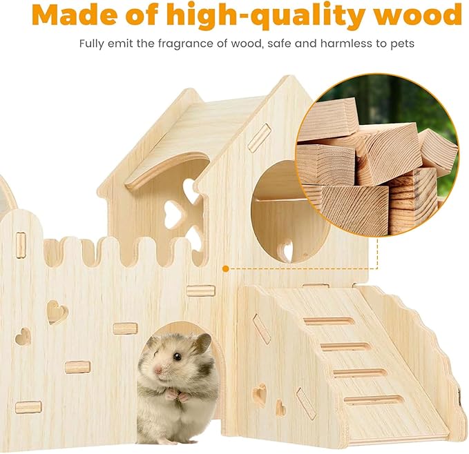 Wooden Dwarf Hamster House, Hamster Tiny House Hideout, Hamster Maze House, Large Balcony Lookout Holes, Easy to Assemble, Detachable Parts, Secure Hideaway, E