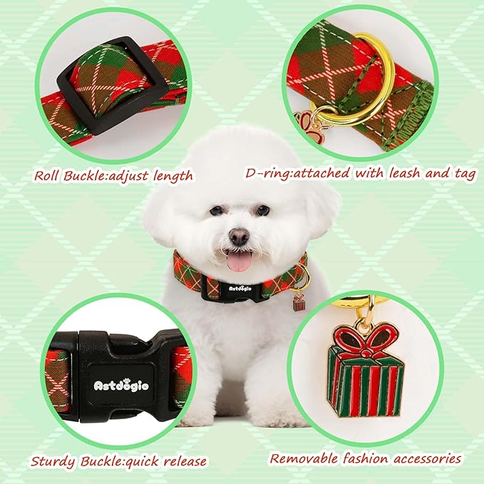 Extra Small Christmas Dog Collar,Adjustable Dog Christmas Collars, Red Green Plaid Puppy Collar, Cute Dog Collars Holiday Collar for Girl Boy Dogs-XS