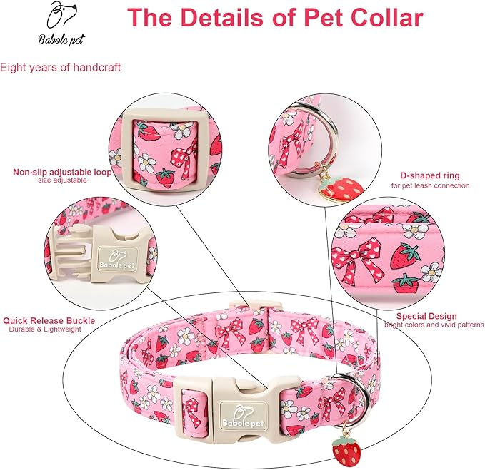 Strawberry Bow Dog Collar for Medium Dogs - Cute Pink Spring/Summer Girl Dog Collars, Lightweight Adjustable Female Girly Dogs Collars with Quick Release Buckle M