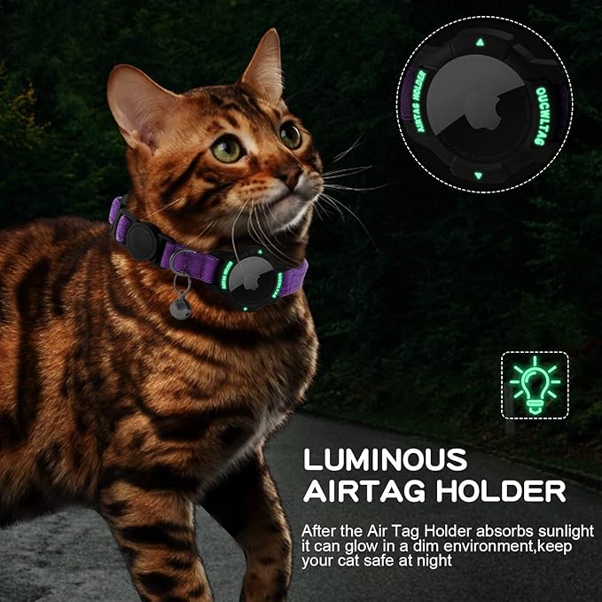 Luminous AirTag Cat Collar Breakaway, OUCWLTAG GPS Cat Collar with Apple Air Tag Holder, Cat Tracker Collars with Safety Elastic Band for Girl Boy Cats, Kittens and Puppies (Purple, 7-10 Inch)