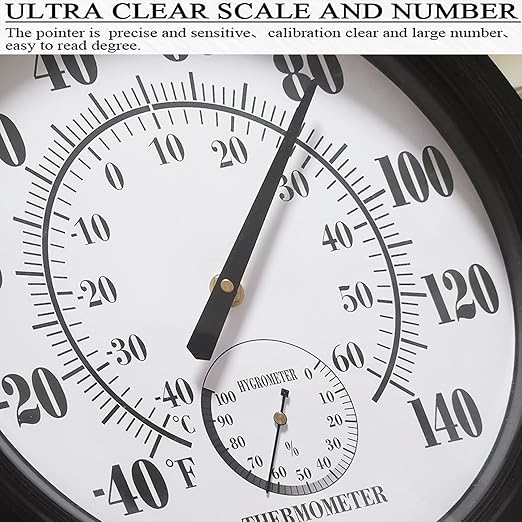 Indoor Outdoor Thermometer Large 12 Inch Wall Thermometer-Hygrometer Waterproof Does not Require Battery (Black)