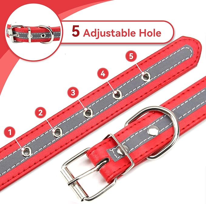 PETCARE Reflective Dog Collar with Cute Paw Rivet Studded Funny Soft PU Leather Adjustable Puppy Dog Collars for Small Medium Large Dogs Cats (Red,Small)