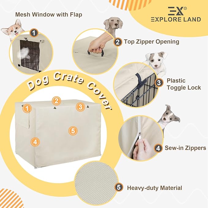Explore Land 54 inches Dog Crate Cover Heavy Duty Polyester Pet Kennel Sunshade Universal Fit for Wire Cage (Light Tan)