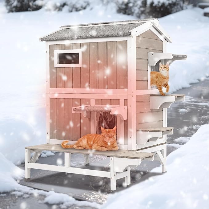 Insulated Cat House for Winter, Wood Two Story Outdoor Cat House Weatherproof with Cat Scratching Cloth, 3 Jumping Platforms, 3 Doors, Outside Indoor Clawsable Feral Cats Shelter for Small Animals
