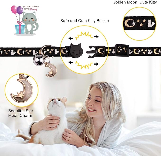 Baeuppit 2PCS Breakaway Cat Collars with Bell Moons Stars Cute Kitty Adjustable Safe Kitten Collars with Pendant Glow in The Dark(Black&Purple)