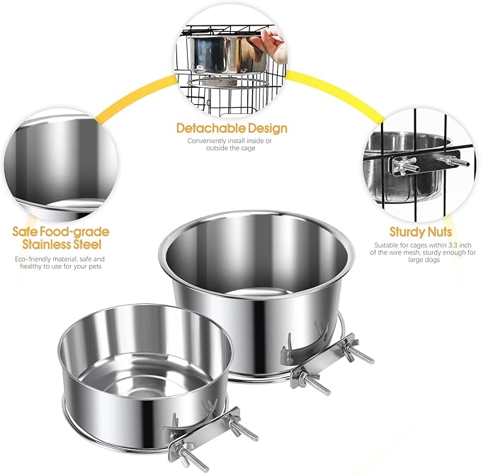 3 Pcs Large Pet Dog Food Water Bowl for Cage Stainless Steel Kennel Hanging Cats Pets Bowls with Clamp Holder Crate Feeder Dish for Medium Large Dogs (7.1x3.5'' & 6.3x2.6'' & 5.5x3.1'')
