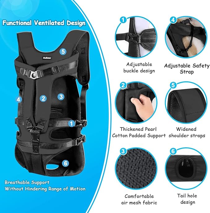 PetBonus Pet Front Dog Carrier Backpacks, Adjustable Pet Backpack, Legs Out Easy-fit Puppy Chest Carrier for Medium Small Dogs, Hands Free for Hiking, Cycling (Black, XL)
