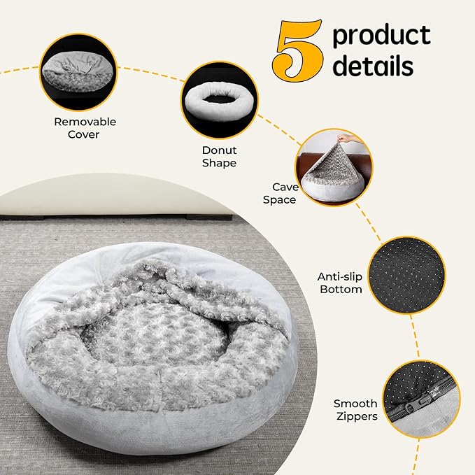 Small Dog Bed with Blanket Removable Cover Cave Washable Cat Pet Bed for Crate Toy Puppy Donut Round Pad Plush Cozy Anti-Slip Bottom Gray 23X23X7 inch