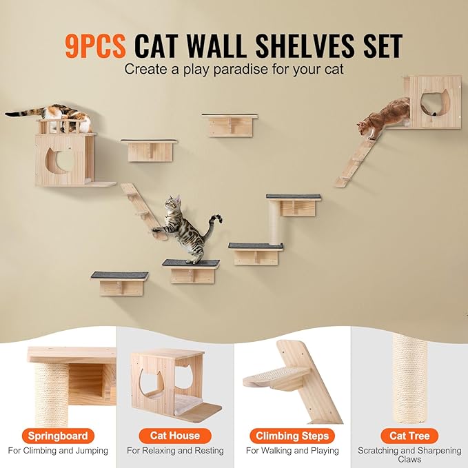 VEVOR Wall Mounted Cat Shelves, Cat Wall Shelves and Perches with Jumping Boards, Cat Beds, Hammocks & Cat Tree, Cat Furniture and Shelves up to 40 lbs for Sleeping, Playing, Climbing, Set of 9
