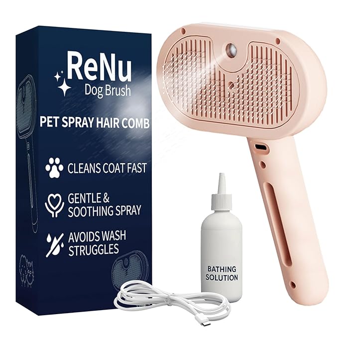 Fur Shower Brush for Dogs, 3 In 1 Self Cleaning Steamy Pet Brush, Pets Spray Hair Removal Comb - Anti-Static, Dog Grooming Tool With Steam | Skin-Friendly Design (Pink)