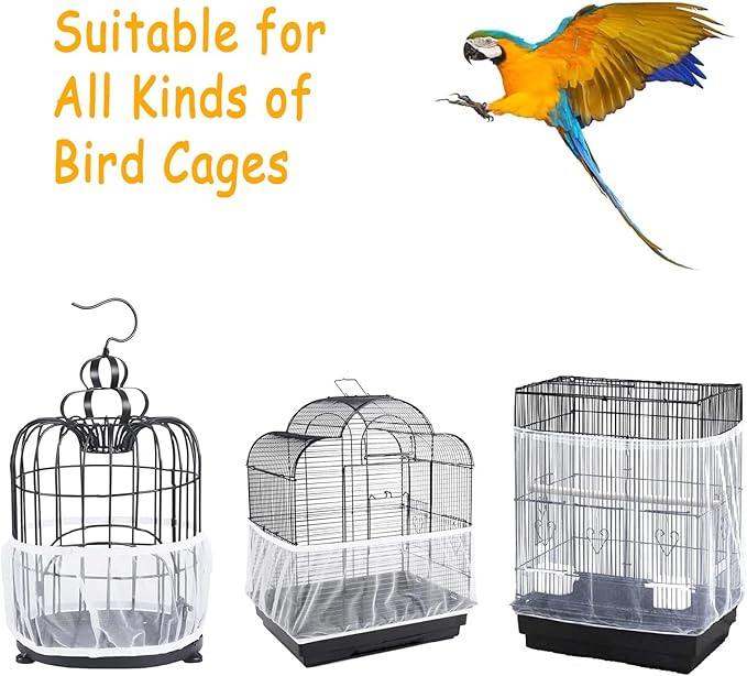 Bird Cage Cover, Breathable Nylon Mesh Seed Catcher Guard, Adjustable Elastic Skirt for Parrot, Budgie, Cockatiel, Prevents Mess, Fits Cage Circumference 55"-87" (140-220cm)