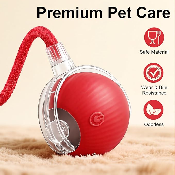 Interactive Electric Automatic Rolling Moving USB Rechargeable Self Activated Play Stimulation Toy Smart Chase Teaser Ball with Speedy Tail Rope for Bored Adult Indoor Cats and Dogs, Yellow
