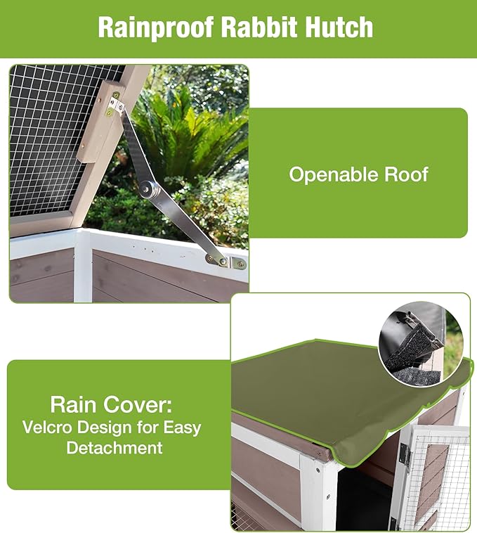 GUTINNEEN Duplex Rabbit Hutch Indoor with Chew-Proof Frame & 2 Leak-Proof Sliding Trays, Rain Cover, Wooden Guinea Pig Cages with Wheels - Brown