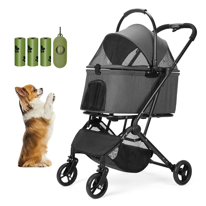 Wdyvko 3 in 1 Dog Stroller, Upgraded Frame, Up to 44lbs Pet Stroller with Dog Poop Bags & Dispenser, Zipperless Entry, Storage Basket & Pouch for Small Dogs Cats (Dark Grey)