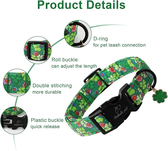 St Patricks Day Dog Collar for Large Dogs - Lucky Flower Shamrock Green Dog Collars, Cute Irish Clover Puppy Collar with Quick Release Buckle for Girls&Boys Dogs L