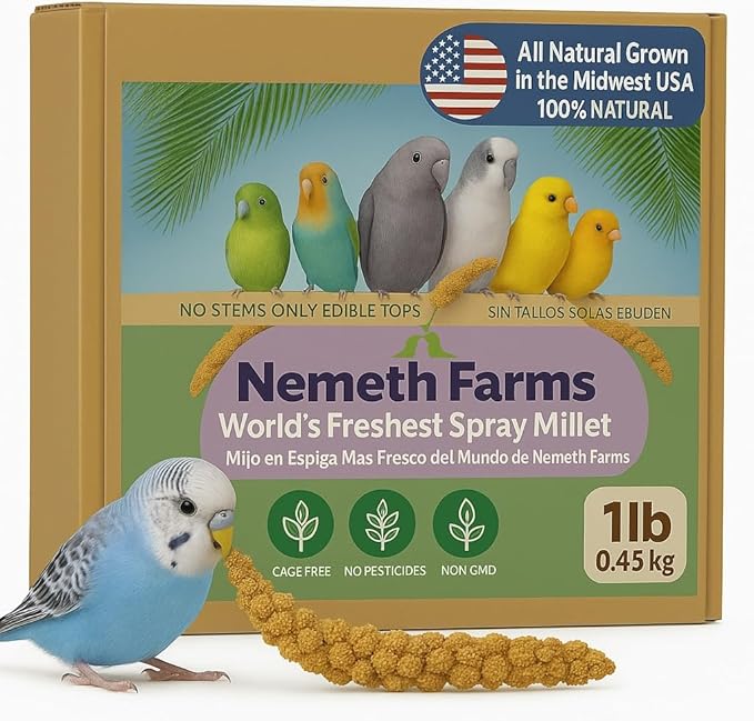 Nemeth Farms Premium Non-GMO Spray Millet Treat | Hand-Harvested Bird Snack | 100% Edible Tops | Sun-Dried Supplement for Parakeets, Cockatiels, Finches, Lovebirds, Canaries
