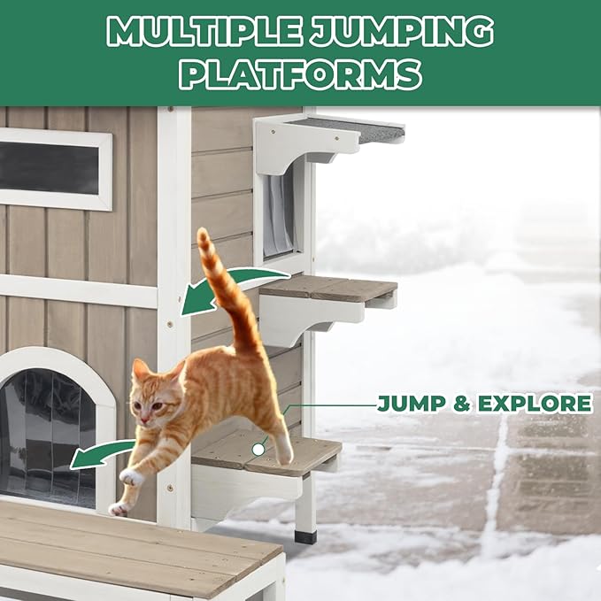 Insulated Cat House, Wood Two Story Outdoor Cat House Weatherproof with Cat Scratching Cloth, 4 Doors, Balcony, Jumping Platforms, Outside Clawsable Feral Cats Shelter for Small Animals, Grey