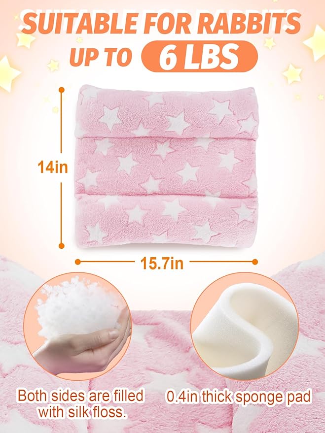 Soft Bunny Bed - 15.7" x 14" Rabbit Bed, Warm Cuddle Cushion Plush Mat for Guinea Pig, Ferret, Small Animal, Pink Stars