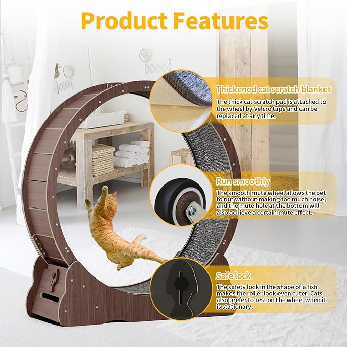 Homegroove Cat Running Wheel, 45" Large XL Cat Exercise Wheel Treadmill with Carpeted Runway for Kitty’s Longer Life (Brown)