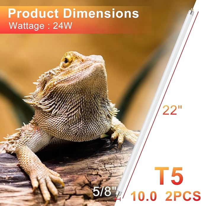 LUCKY HERP T5 UVB Reptile Light 2 Pack, 24W UVB 10.0 Reptile Light Bulb, UVA UVB Fluorescent Lamp Tube, UVB Lamp for Lizards, Turtles, Chameleons, Tortoises