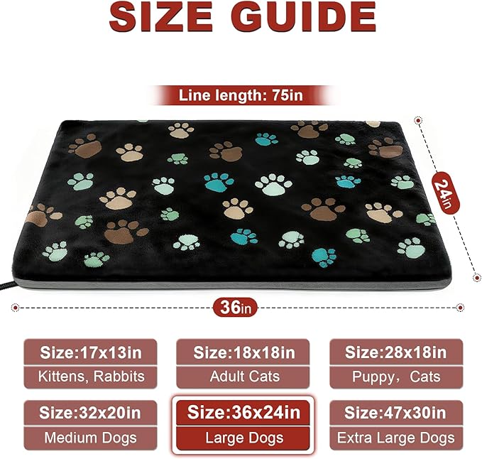 Large Dog Heating Pad 36x24 in with Smart Thermostat Switch and Power Line Protection Tube,Obtained MET and UL Dual Certification,Waterproof Pet Heating Pad for Dogs,with Plush Fabric Cover