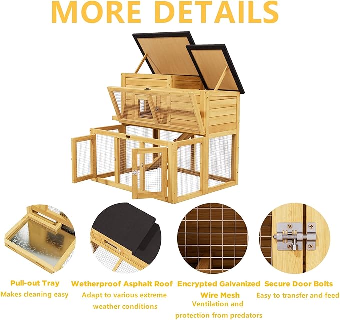 Chicken Coop Outdoor Wooden with Waterproofing Roof, Runways, Pull-Out Trays and Openable Top for Poultry Cage (Yellow)