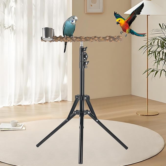 Adjustable Bird Perch Stand, 16-62 Inch Height Adjustable Bird Training Perch Stand with Feeding Cups and Swing Toy, Natural Pepper Wood Parrot Perch Toy for Small Medium Birds Indoor Outdoor Use