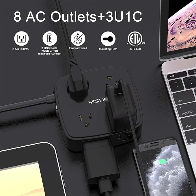 6 Ft Surge Protector Power Strip - 8 Widely Outlets with 4 USB Ports, 3 Side Outlet Extender with 6 Feet Extension Cord, Flat Plug, Wall Mount, Desk USB Charging Station, ETL,Black