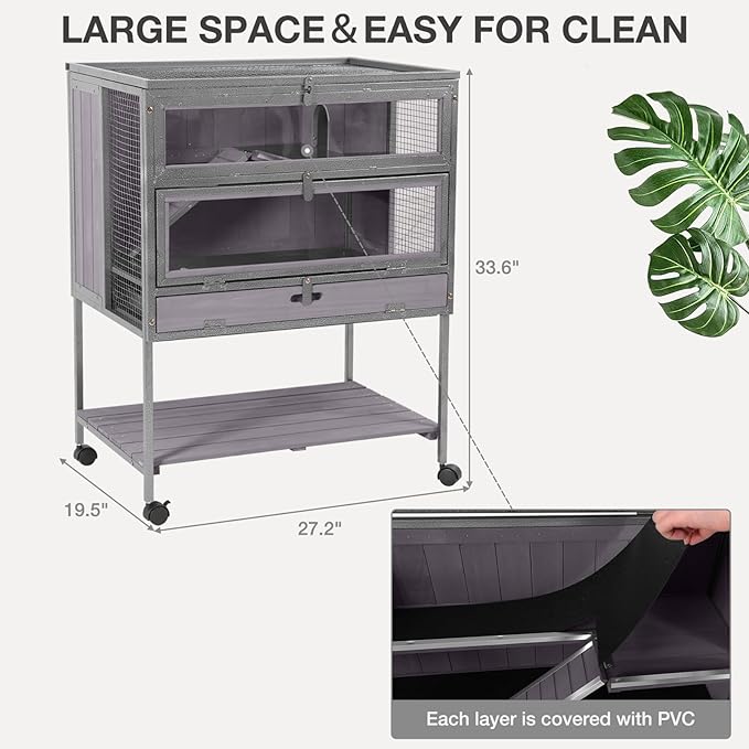 Guinea Pig Cage, Moveable Metal Frame Hamster Cage Anti-Chewing with Aluminium Alloy Edge, Hideouts, Ramps, Seesaws Chewing Toy, Deeper Pull-Out Leakproof Tray for Indoor Outdoor(Grey)
