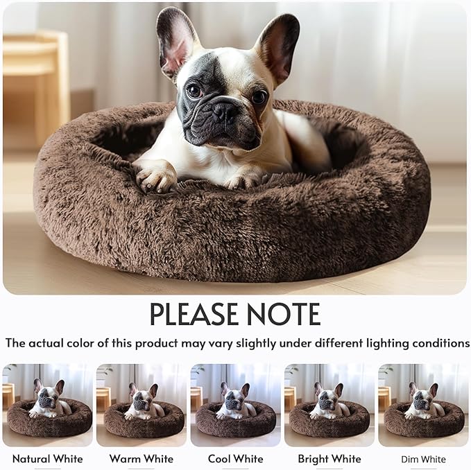 JOLLYVOGUE Calming Dog & Cat Bed for Small Dogs, Anti-Anxiety Donut Cuddler Cozy Soft Round Bed with Anti-Slip Bottom, Fluffy Faux Fur Plush Cushion Beds for Small Medium Dogs (23")