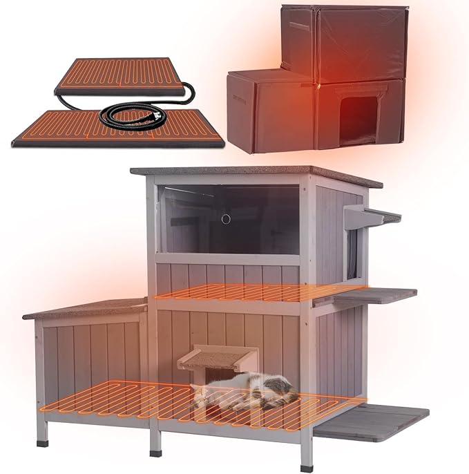 GUTINNEEN Heated Cat House for Outside Outdoor Cat House Insulated with Heated Pad, Insulated Liner, Dual-Section Large Wooden Shelter with Three Escape Doors for Multiple Cats