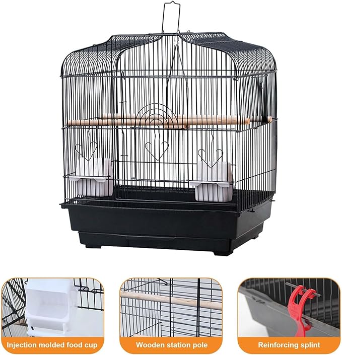 20.5"x18.1"x14.2" Portable Bird Travel Cage with Handle, Metal Carrier with Food Container, Wooden Perch & Pull-Out Tray for Small Parrots, Canaries, Cockatiels, Lovebirds, Conures