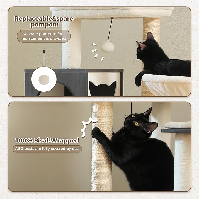 Tall Cat Tree with Litter Box Enclosure 57.5" Wooden Cat Tower for Large Cats with Cat Hammock House Bed (Pure Black)