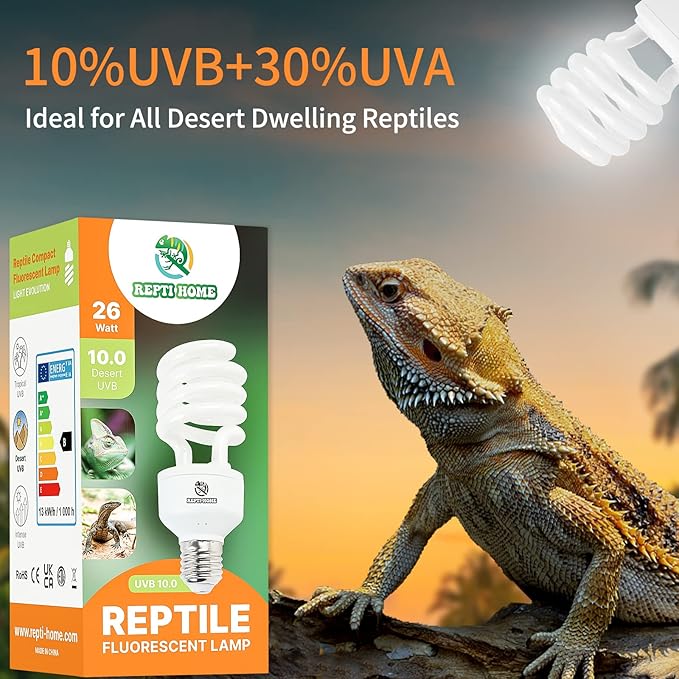 UVB Reptile Light 10.0, 26W Desert UVA UVB Bulb for Reptiles, Compact Desert Terrarium Lamp, Reptile UVB Light Bulb for Bearded Dragon, Lizard, Tortoise, Snake, Gecko