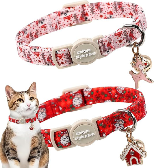 Unique style paws 2 Pack Christmas Kitten Collar Breakaway with Bell&Pendant, Adjustable Safety Elk Christmas Cat Cotton Collar for Girl Boy Cat and Small Pet