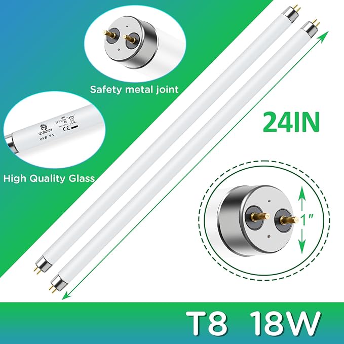 T8 UVB Reptile Light 18W 5.0-2 Pack,UVA UVB Light Bulb for Reptiles,Reptile UVB Lamp Tube for Bearded Dragon