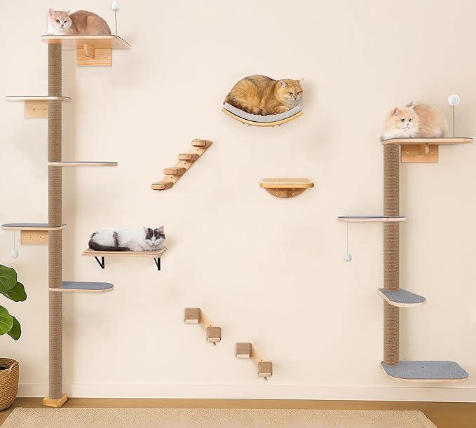 5-Tier Floor-to-Ceiling Cat Tree Tower, Upgraded Grey Felt Kittens Wall Shelves, Rotatable Platforms & 3-Inch Wall Gap, Wild Simulation Kitten Playground