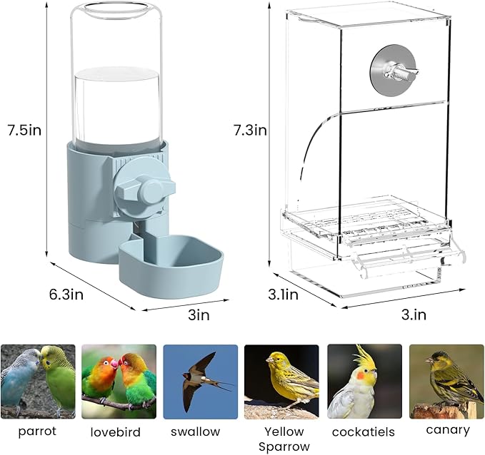 BAGHBPM No Mess Bird Feeder Water Dispenser Set,Automatic Parakeet Feeder Cage Accessories,Parrot Transparent Food Container Drinker for Cage,Canaries Budgies Lovebirds Cockatiels Finches (Purple)